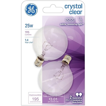 Ge Light Bulb, 25 W, G16.5 Lamp, E12 Candelabra Lamp Base, 220 Lumens, 2500 K Color Temp, Soft White 17722