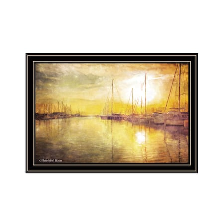 Homeroots Yellow Sunset Boats In Marina Black Framed Print Wall Art 529609