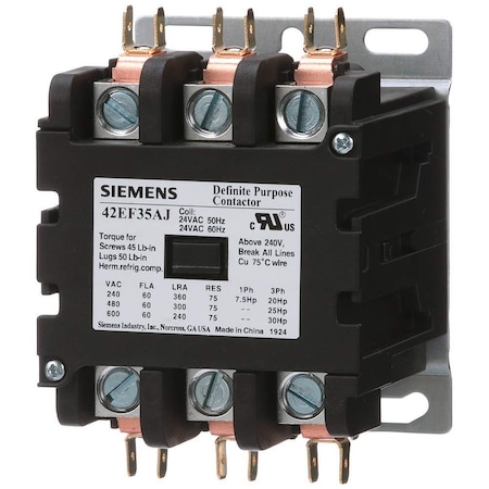 Siemens Class 42 DP 60A 3-Pole Definite Purpose Contactor, 120V Coil, Open Type 42EF35AF