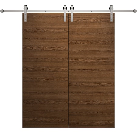 Sartodoors Modern Double Barn Door 60 x 84 inches, Ego 5000 Cognac Oak Veneer, 13FT Silver Rail Track Set, S EGO5000DB-S-DKO-6084