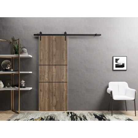 Sartodoors Sliding Barn Door with Hardware, Planum 0014 Walnut and Aluminum Strips, 6.6FT Rail Hangers Sturdy PLANUM0014BD-B-WLN-2896