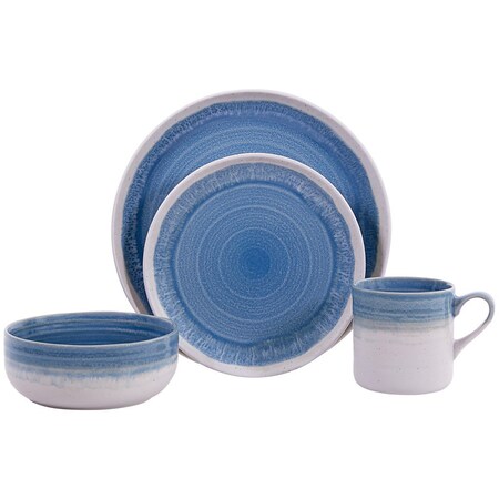 Homeroots Blue and White Sixteen Piece Round Tone on Tone Ceramic Service For Four Dinnerware Set 534538