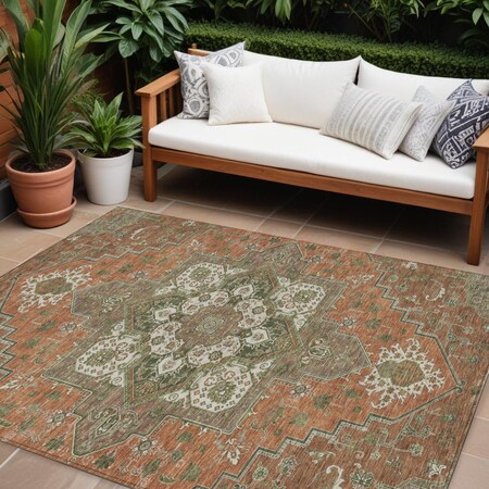 Homeroots 9' X 12' Rust Green And Brown Oriental Washable Indoor Outdoor Area Rug 600190