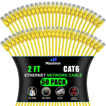 Maximm Cat6 Ethernet Cable 2ft 10Gbps 550MHz UTP, 50PK, Yellow, 50PK CAT6CCA-2YL-50PK