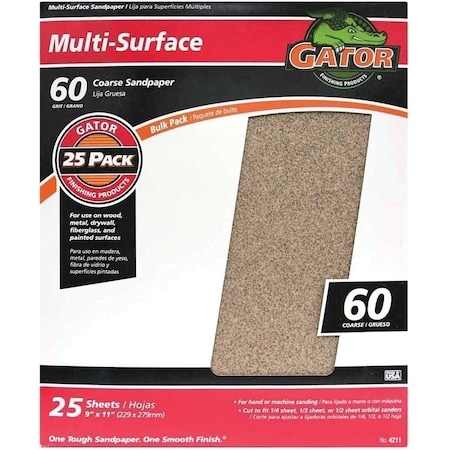 Gator 3266 Sanding Sheet, 11 in L, 9 in W, 60 Grit, Coarse, Aluminum Oxide Abrasive 4211GA