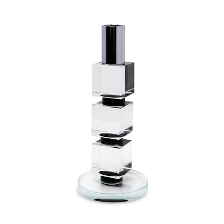 Homeroots 7" Silver Clear And Black Block And Cylinder Crystal Tabletop Taper Candlestick 590242