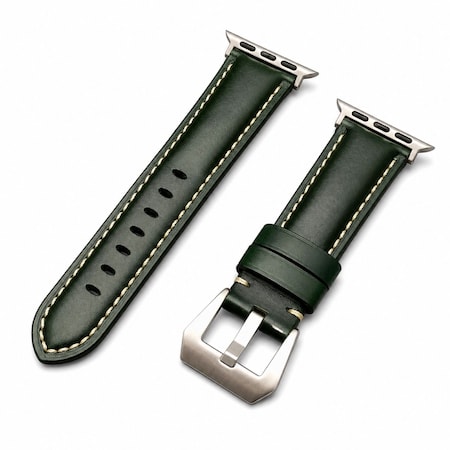 Elegani Leather Band Compatible with Apple Watch 44mm, Green, Green/Rose Gold/Yellow Gold Buckle OWLSPAM-GRN-44