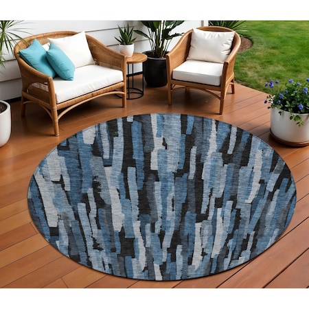Homeroots 8' Blue Black And Gray Round Striped Washable Indoor Outdoor Area Rug 603217