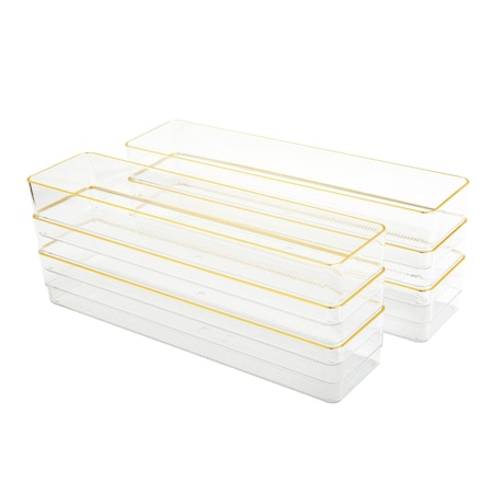Martha Stewart Kerry 6 Pack Plastic Stackable Office Desk Drawer Organizers with Gold Trim, 12 x 3 BE-PB8975-G-6-CLRGLD-MS