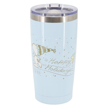 Peanuts Happy Holidays 20 Ounce Stainless Steel Travel Tumbler with Clear Lid in Ice Blue 137336.01
