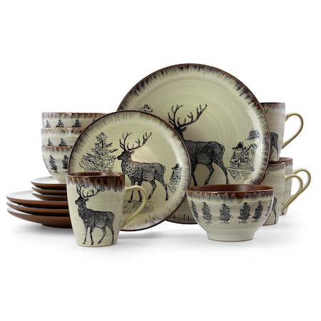 Elama Majestic Elk 16 Piece Luxurious Stoneware Dinnerware with Complete Setting for 4 EL-MAJESTICELK16
