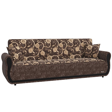 Homeroots 90" Beige And Brown Chenille Convertible Futon Floral Sleeper Sofa With Toss Pillows And Storage 607131