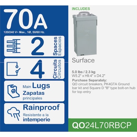 Square D QO 70A 2-Space 4-Circuit Raintight Main Lug Load Center QO24L70RBCP