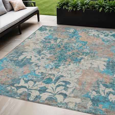 Homeroots 5' X 8' Teal Blue Ivory And Light Brown Damask Washable Indoor Outdoor Area Rug 596394