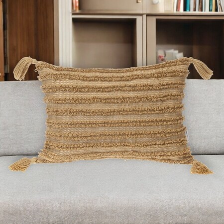 Homeroots 14" X 20" Beige Striped Cotton Throw Pillow With Tassels 529233