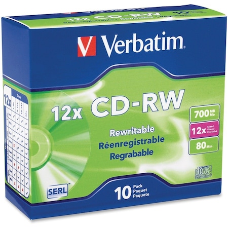 Verbatim CD-RW 700MB 4X-12X High Speed with Branded Surface - 10pk Slim Case 95156