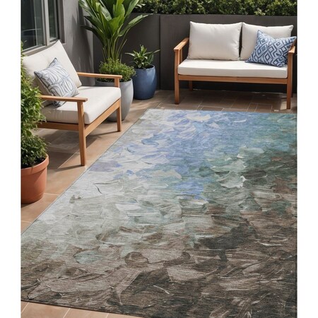 Homeroots 5' X 8' Denim Blue Taupe And Ivory Abstract Washable Indoor Outdoor Area Rug 617348