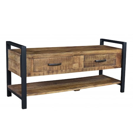 Homeroots 46in Natural and Black Metal Distressed Solid Wood Storage Bench with Drawers 488865