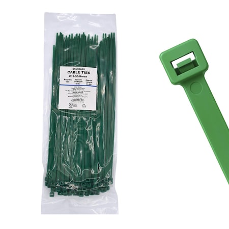 Cable Ties Unlimited Cable Tie, 11 in L, 50 lb Strength, 3.2 in Max Bundle Dia, Nylon 6/6, Green 100PK C11-50-Green