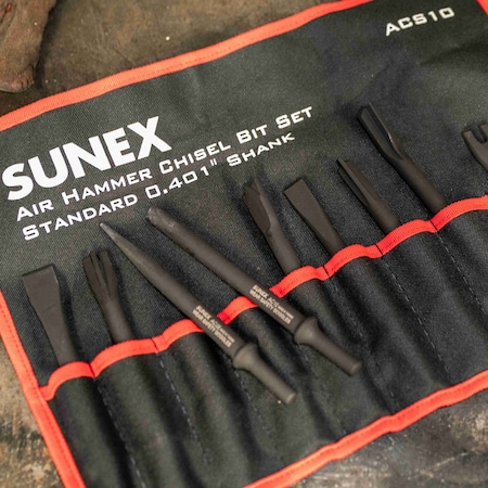 Sunex Air Hammer Chisel Standard 10 Piece Set In Portable Tool Roll ACS10