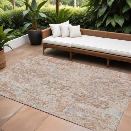 Homeroots 10' X 14' Coral And Gray Damask Washable Indoor Outdoor Area Rug 603760