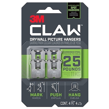 Claw 3M Drywall Picture Hanger, 25 lb, Steel, Push-In Mounting, 4PK 3PH25M-4ES
