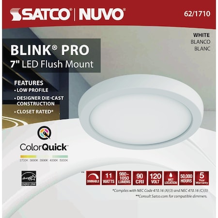 Satco Blink Pro 7'' White 980 Lm. CCT-Selectable LED Flush Mount Light Fixture 62/1710