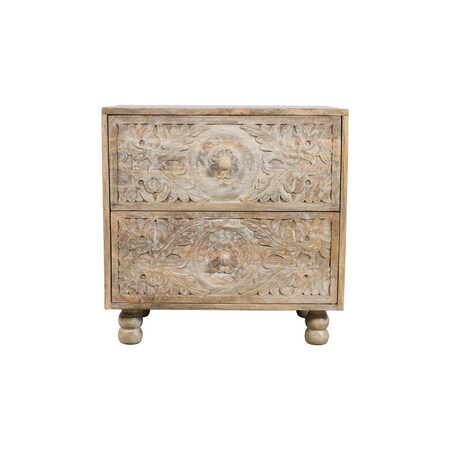 Homeroots 24" Natural Two Drawer Distressed Carved Floral Solid Wood Nightstand 555403
