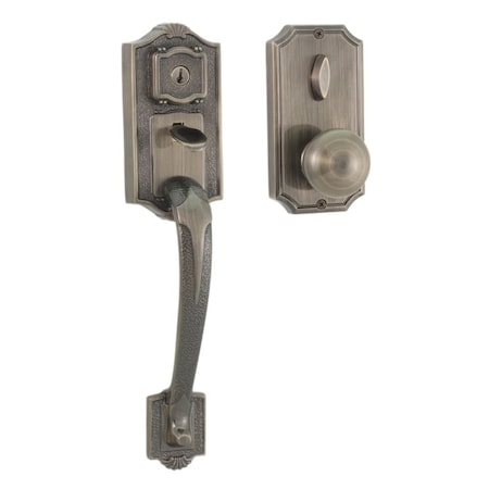 Weslock Colonial Panic Proof Entry Handleset with Impresa Knob Trim Antique Brass Finish 01411-AIASL2D