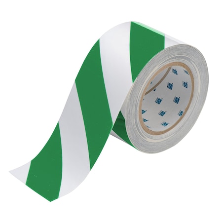 Brady ToughStripe Floor Marking Tape Roll, Diagonal Stripes, Green on White, 3in x 100ft, 100PK 132437