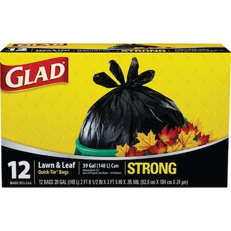 Glad Lawn and Leaf Bag, 32-1/2 in L, 38 in W, 39 gal, Black, Quick Tie, 12PK 70028