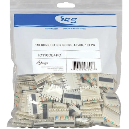 Icc 110 CONNECTING BLOCK, 4-PAIR, 100 PK IC110CB4PC
