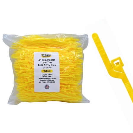 Cable Ties Unlimited Easy-Off Tote Cable Tie, 6 in L, 30 lb Strength, 1.4 in Max Bundle Dia, Nylon 6/6, Yellow, 1000PK EZ6-30-4M
