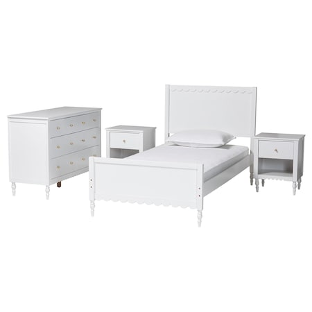 Baxton Studio Roni Modern White Scalloped Wood 4-Piece Twin Bedroom Set with Two Nightstands 256-14081-14085-14083-14083-ZORO