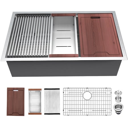 Wrightmaster 33 in. Undermount 16-Gauge Single Bowl Stainless Steel Workstation Kitchen Sink with Cutting Board ZOR-US331910R1