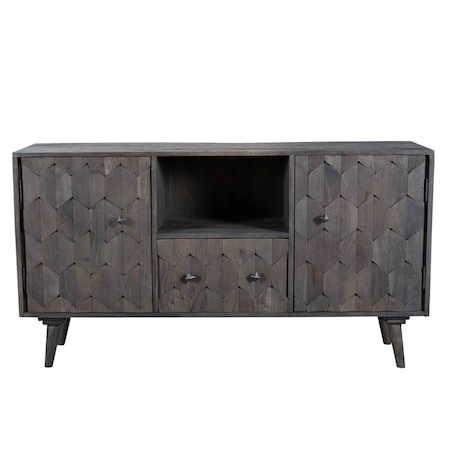 Homeroots 55in Dark Gray Carved Geometric Distressed Solid Wood Enclosed and Open Storage TV Stand 489509