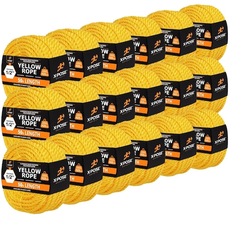 Xpose Safety 1/2in x 50 ft Twisted Polypropylene Rope, Yellow, 18PK YPR12-50-18-X