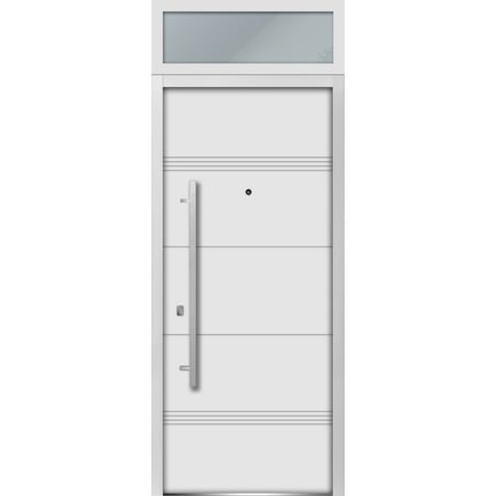 Vdomdoors Steel Door Deux 1705 White Enamel Transom Black Window Stainless Inserts Single Modern Painted-W36x DEUX1705EXD-BEM-W36 x H80+16-Right-hand Inswing