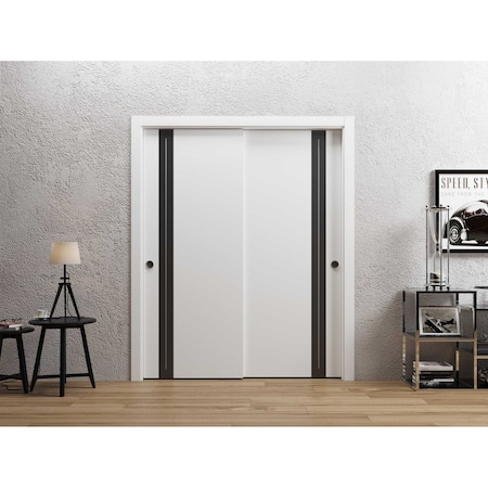 Sartodoors Sliding Closet Bypass Doors 72 x 96 inches, Planum 0444 White Silk with Black Inserts and Frosted G PLANUM0444DBD-WS-7296