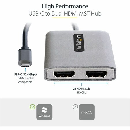 Startech.Com USB-C TO DUAL HDMI MST HUB FOR 2X 4K 60HZ DISPLAYS; DISCRETE GPUS/12TH GEN AND U MST14CD122HD
