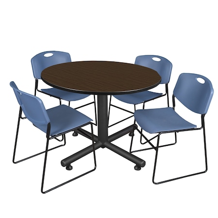 Regency Round Kobe Breakroom Table W/ 4 Zeng Stack Chairs, 48 in W, 48 in L, Neo Walnut TKB48RNDNW44BE