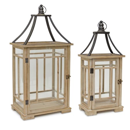 Homeroots Set of Two Brown And Black Distressed Geometric Wood And Metal Tabletop Lantern Candle Holders, 2PK 517619
