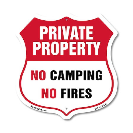 Signmission Private Property Shield Sign No Camping, 12 Inch X 12 Inch, Plastic Sign SHI-P-12-441