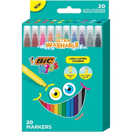 Bic KIDS ULTRA WASHABLE MARKERS, MEDIUM BULLET TIP, ASSORTED COLORS, 20/PACK BKCM20AST