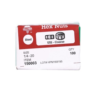 Hillman 1/4 in. Zinc-Plated Steel USS Hex Nut, 100PK 7150003