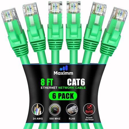 Maximm Cat6 Ethernet Cable 8ft 10Gbps 550MHz UTP, 6PK, Green, 6PK CAT6CCA-8GN-6PK