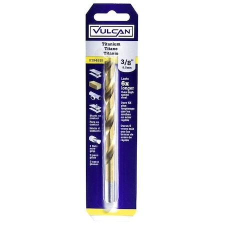 Vulcan 220391OR Jobber Drill Bit, 3/8 in Dia, 5 in OAL, 3-Flat Shank PTA250664/220391O