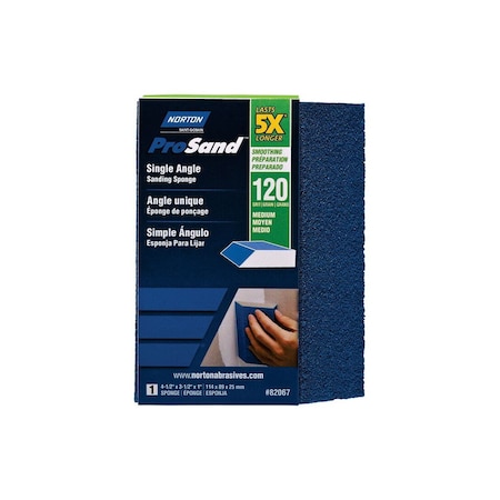 Norton ProSand Sanding Sponge, 4-1/2 in L, 3-1/2 in W, 120 Grit, Medium, Aluminum Oxide Abrasive Blue 7660782067