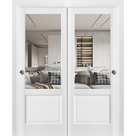 Sartodoors Sliding Closet Bypass Doors, Lucia 1533 White Silk with Clear Glass, Sturdy Rails Moldings Trims H LUCIA1533DBD-WS-56