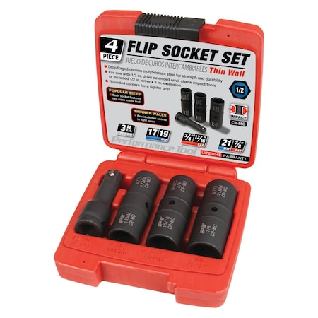 Performance Tool 4 pc. Flip Socket Set, Impact Sockets, Metric SAE Sizes, Storage Case M774